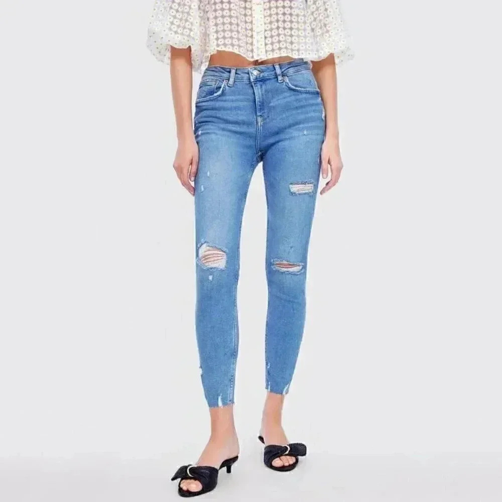 Zara Skinny Jeans Premium 80's Erna Blue Denim Distressed Frayed Hem Size 6